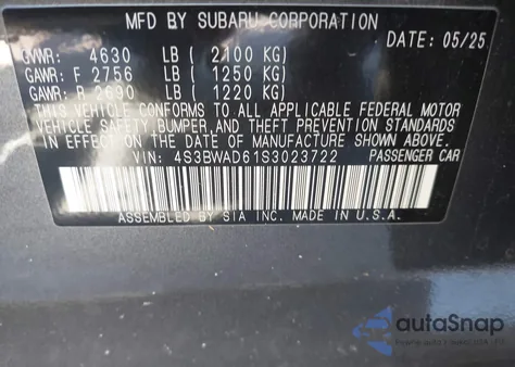 2025 Subaru Legacy Premium из США, поврежденный, VIN 4S3BWAD61S3023722